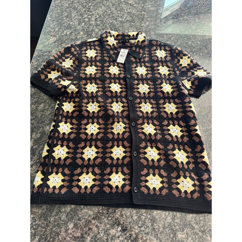 Express Mens Crochet‎ Granny Square Knit Button Up Shirt Black Brown Small NEW